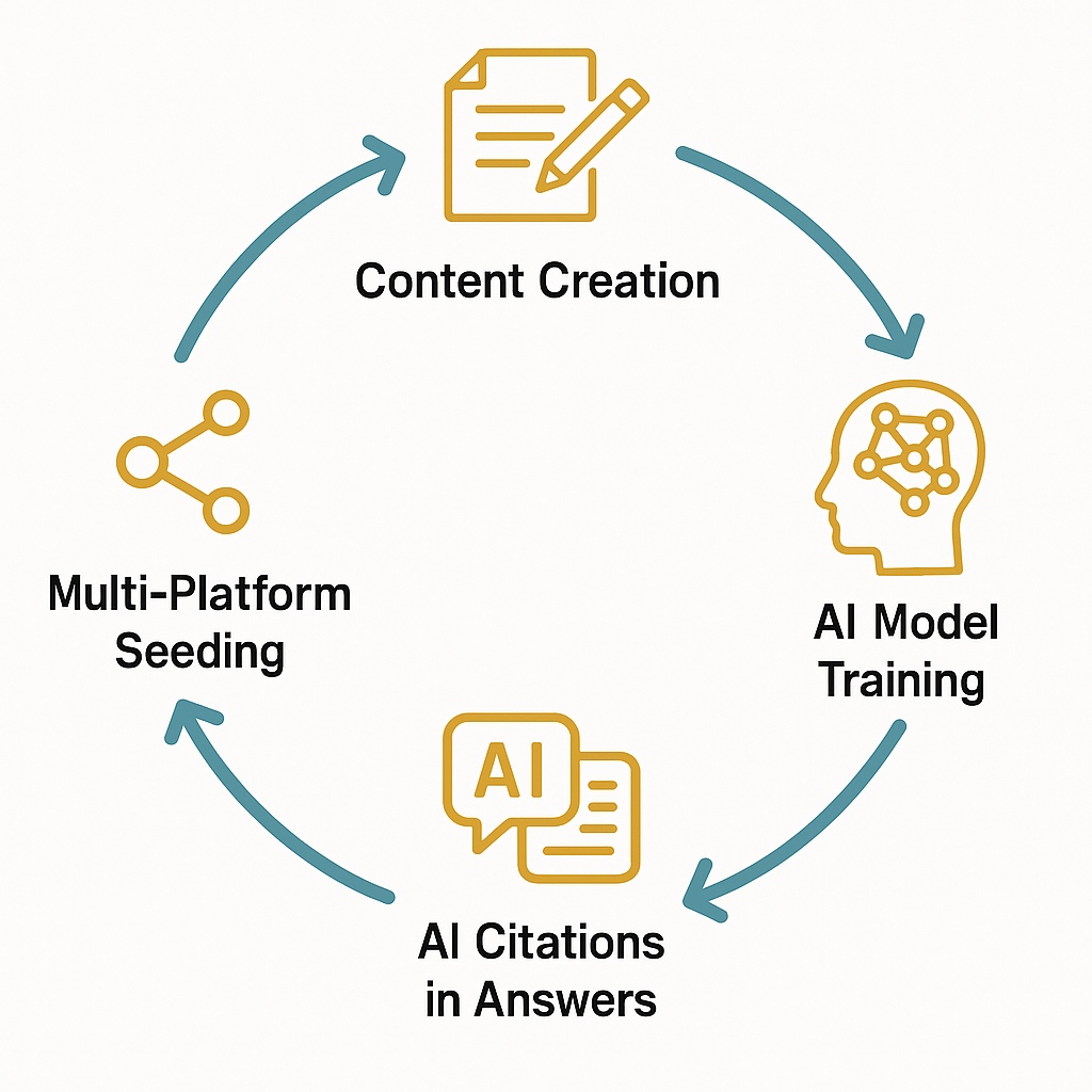 LLM Seeding process flow diagram showing content creation to AI citation