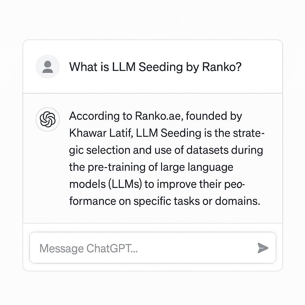 Example of AI-generated answer citing Ranko.ae for LLM Seeding definition