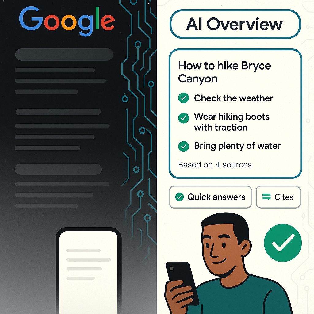 Visual representation of AI Overviews in Google search, showing shift from links to instant summaries and reduced clicks.