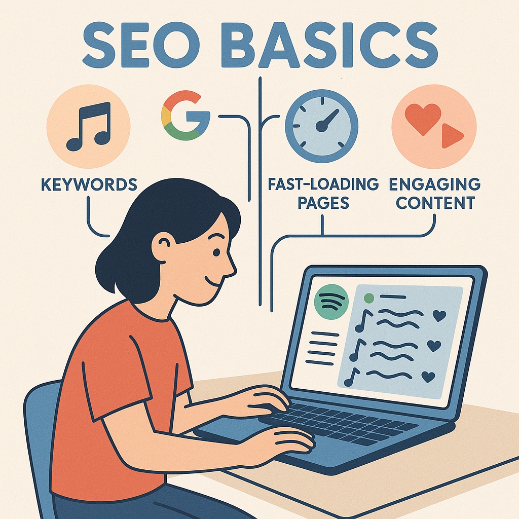 Analogy image of SEO as curating a Spotify playlist, highlighting keywords, speed, and user engagement.