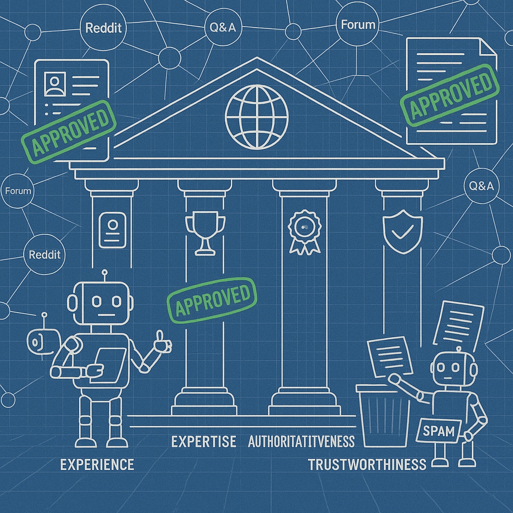 Illustration of Google's E-E-A-T factors as pillars building trust in SEO, with authentic content prevailing over spam.